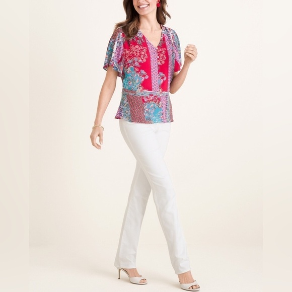 Chico’s Women’s Patchwork Peplum Flutter-Sleeve Top Red Blue Size 0 (4/6) - Picture 6 of 9